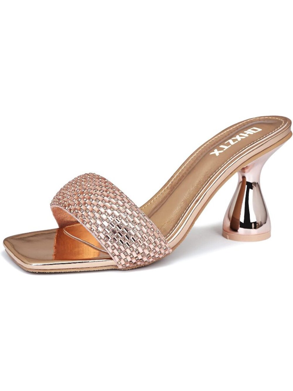 Women's Champagne Rhinestone Square Open Toe 3.15 IN Kitten Mules Heel Sandals